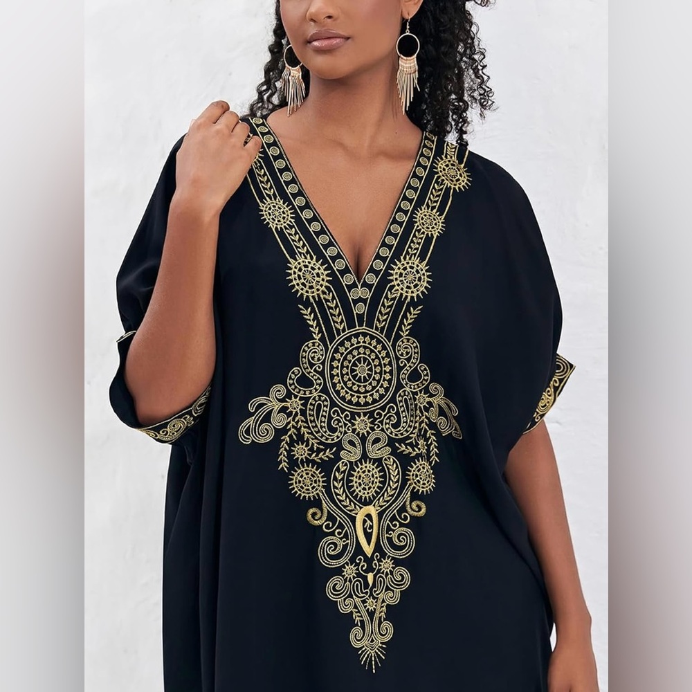 NWT Black & Gold Floral Maxi Caftan Dress Swim Cover Up | One Size OS